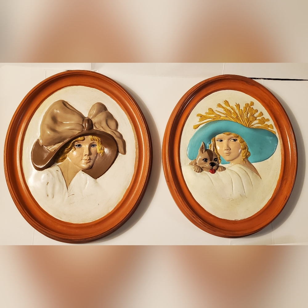 Erma Gilliland Duncan 1909 ceramic wall plaques of ladies in hats.